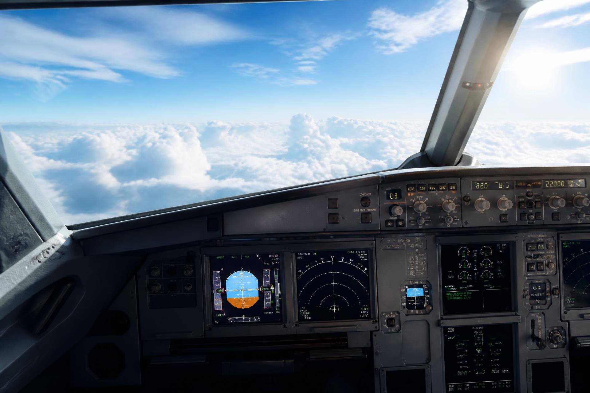 Airline cockpit above the clouds